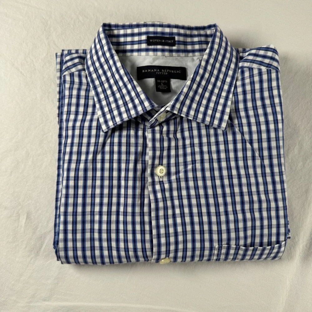 Banana Republic Men's Size Large Fitted Blue Gingham Button‎ Down Shirt